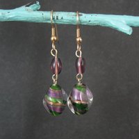 Long Purple & Green Art Glass Earrings