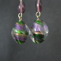 Long Purple & Green Art Glass Earrings