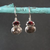 Sterling Garnet Smoky Quartz Earrings Latch Back
