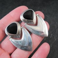 Large 1980s Onyx Earrings Sterling Silver