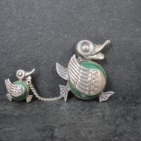 Vintage Sterling Green Calcite Mama Duck & Duckling Brooch Mexican Silver