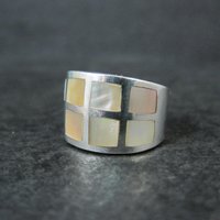 Wide Mother of Pearl Sterling Silver Band Ring Size 6 Vintage