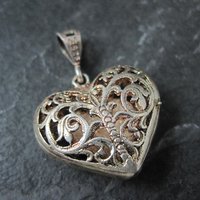 Vintage Puffy Filigree Heart Pendant Reversible Sterling Silver Diamond Cut