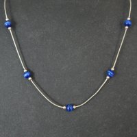 1990s Sterling Silver Blue Cats Eye Bead Necklace 16"