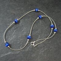 1990s Sterling Silver Blue Cats Eye Bead Necklace 16"