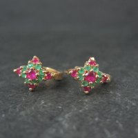 Small Vintage 9K Ruby and Emerald Hoop Earrings 5/8"