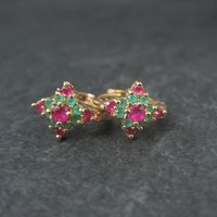 Small Vintage 9K Ruby and Emerald Hoop Earrings 5/8"
