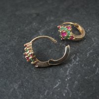Small Vintage 9K Ruby and Emerald Hoop Earrings 5/8"