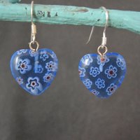 Vintage Sterling Blue Millefiori Heart Earrings