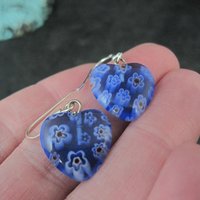 Vintage Sterling Blue Millefiori Heart Earrings