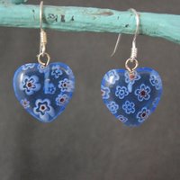 Vintage Sterling Blue Millefiori Heart Earrings