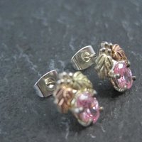 Vintage Black Hills Gold & Silver Pink Cz Stud Earrings Sterling 12K