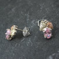 Vintage Black Hills Gold & Silver Pink Cz Stud Earrings Sterling 12K