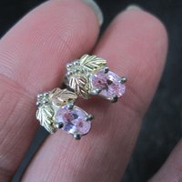 Vintage Black Hills Gold & Silver Pink Cz Stud Earrings Sterling 12K