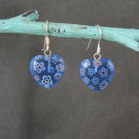 Vintage Sterling Blue Millefiori Heart Earrings