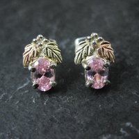Vintage Black Hills Gold & Silver Pink Cz Stud Earrings Sterling 12K