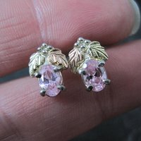 Vintage Black Hills Gold & Silver Pink Cz Stud Earrings Sterling 12K