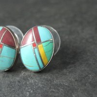 Vintage Sterling Inlay Earrings Southwestern Silver