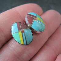 Vintage Sterling Inlay Earrings Southwestern Silver