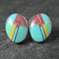 Vintage Sterling Inlay Earrings Southwestern Silver
