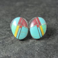 Vintage Sterling Inlay Earrings Southwestern Silver