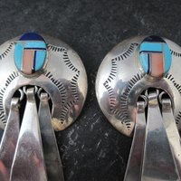 Large Southwestern Sterling Inlay Earrings Turquoise Lapis Spiny Oyster