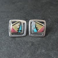 Vintage Southwestern Sterling Inlay Pendant and Earrings Jewelry Set