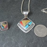 Vintage Southwestern Sterling Inlay Pendant and Earrings Jewelry Set