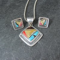 Vintage Southwestern Sterling Inlay Pendant and Earrings Jewelry Set