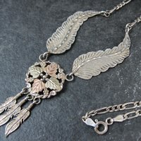 Vintage Black Hills Gold & Silver Feather Necklace Mt Rushmore
