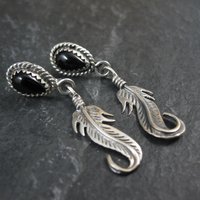 Southwestern Sterling Onyx Feather Earrings