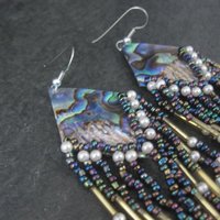 Long Vintage Abalone Beaded Earrings 1980s