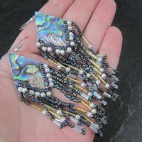 Long Vintage Abalone Beaded Earrings 1980s