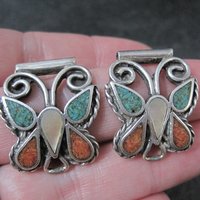 Vintage Inlaid Butterfly Watch Tips Sterling Silver Southwestern