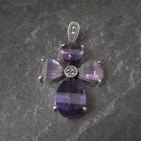 Faceted Amethyst and Marcasite Cross Pendant in Sterling Silver