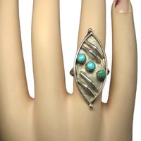 Long Vintage Navajo Sterling Turquoise Ring Size 7