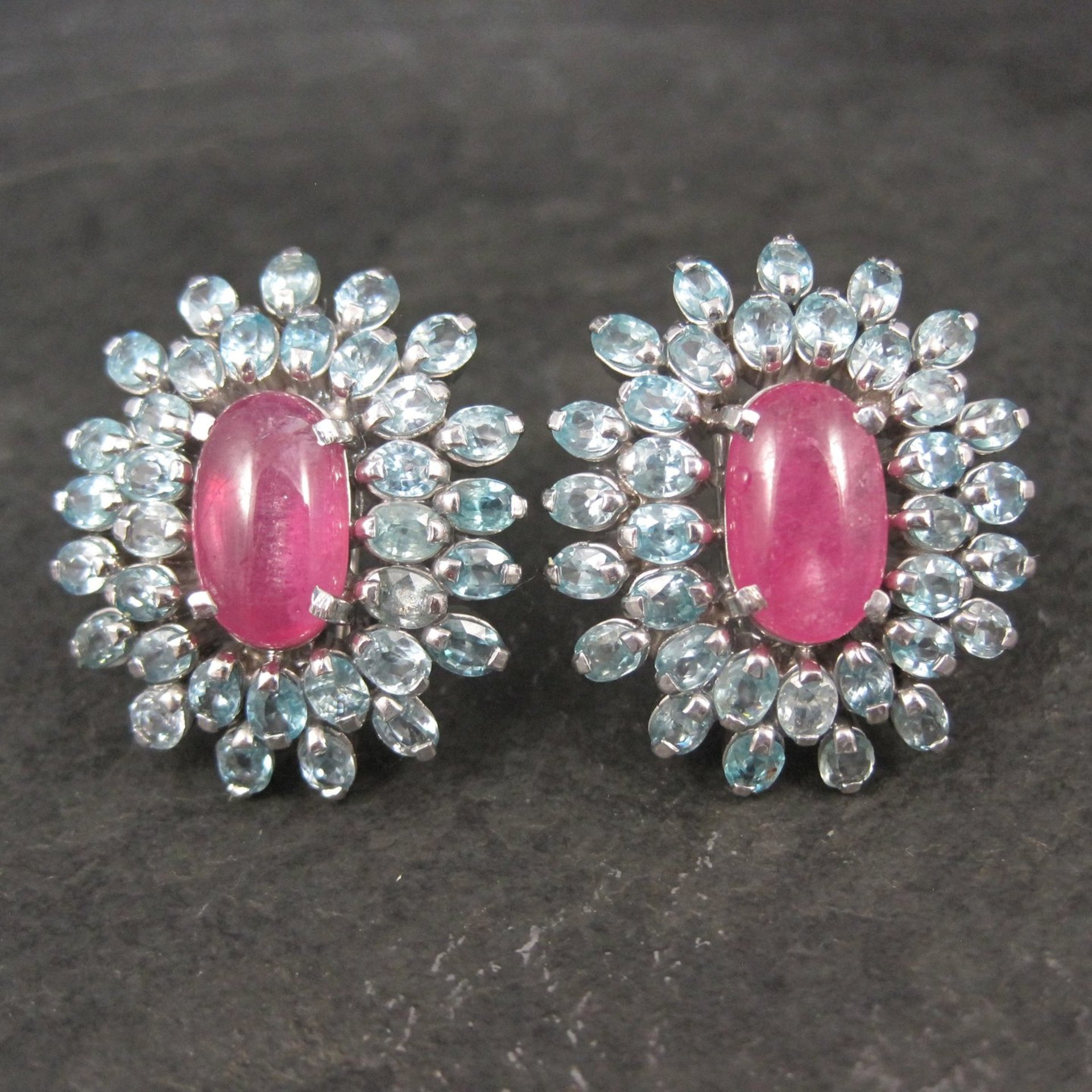 Large Pink Sapphire Blue Topaz French Back Earrings