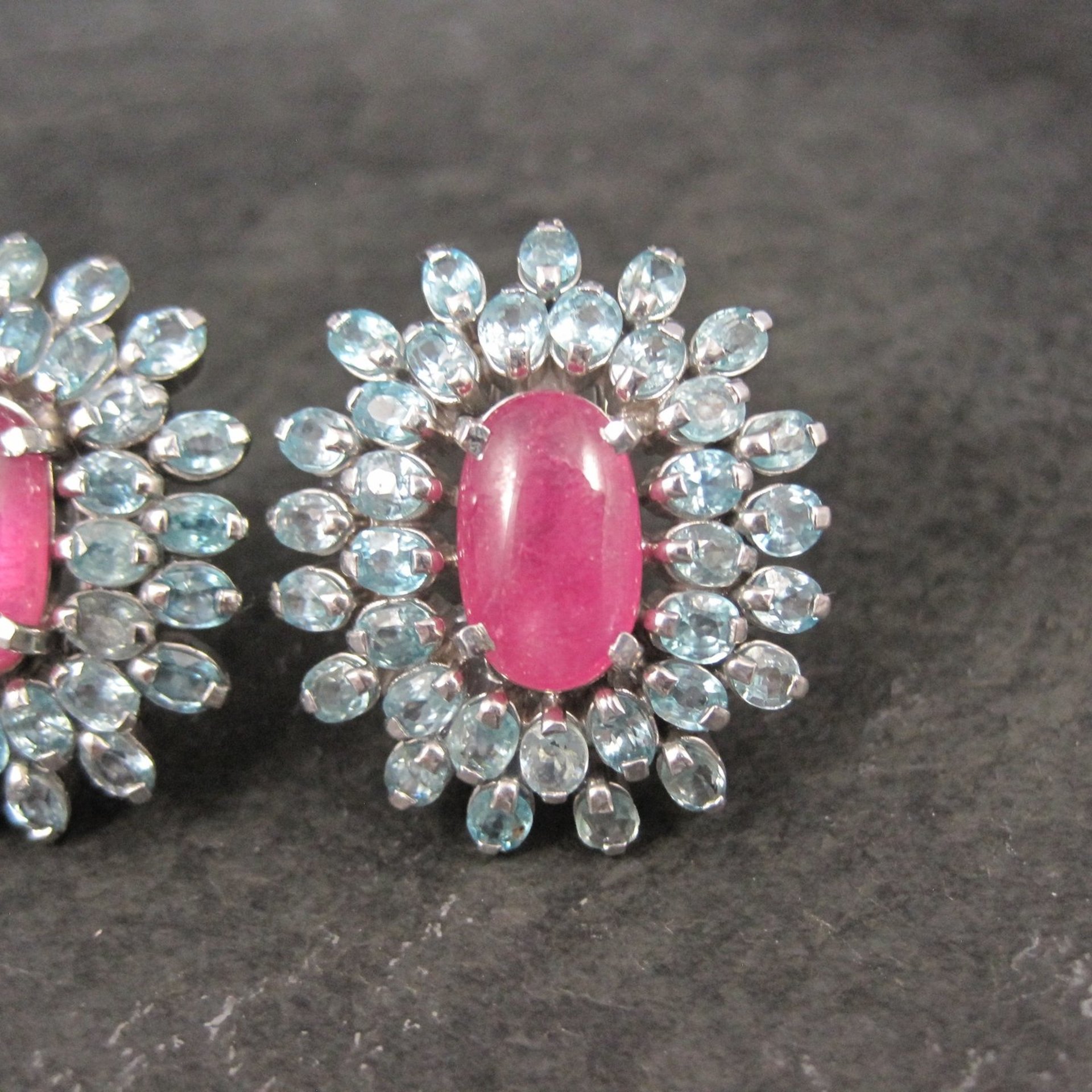 Large Pink Sapphire Blue Topaz French Back Earrings