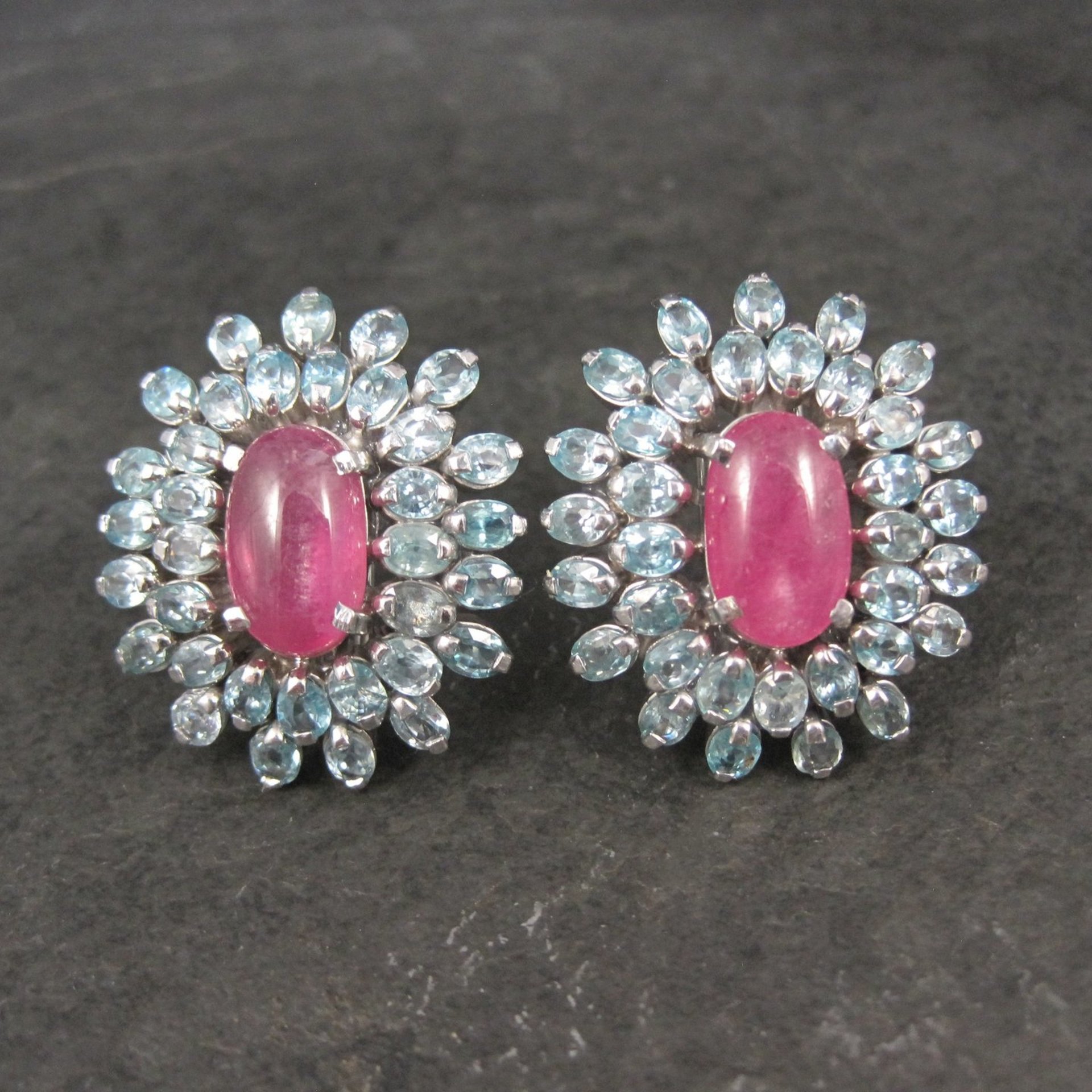 Large Pink Sapphire Blue Topaz French Back Earrings