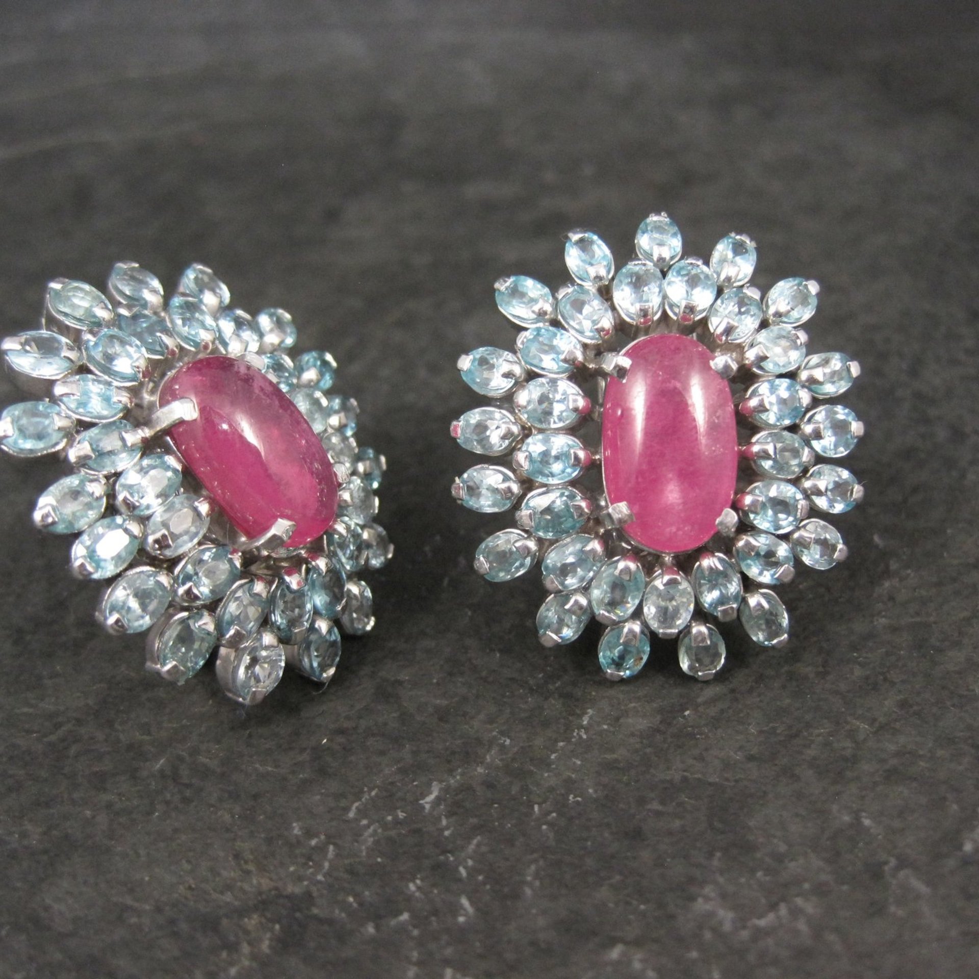 Large Pink Sapphire Blue Topaz French Back Earrings