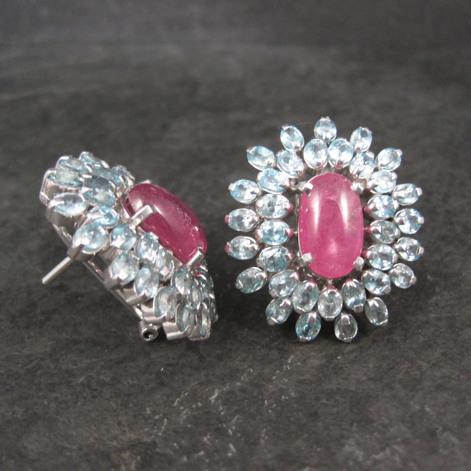 Large Pink Sapphire Blue Topaz French Back Earrings