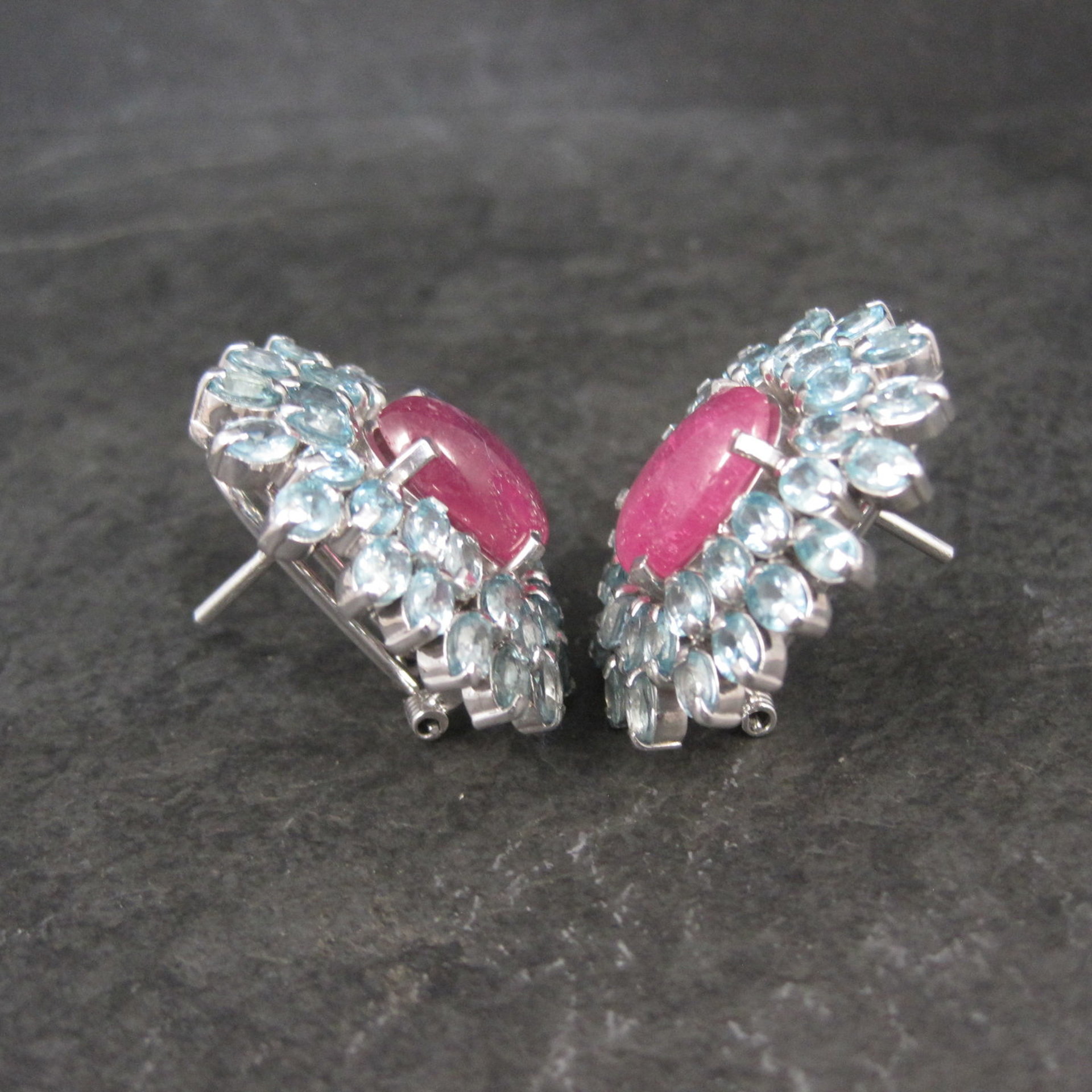 Large Pink Sapphire Blue Topaz French Back Earrings