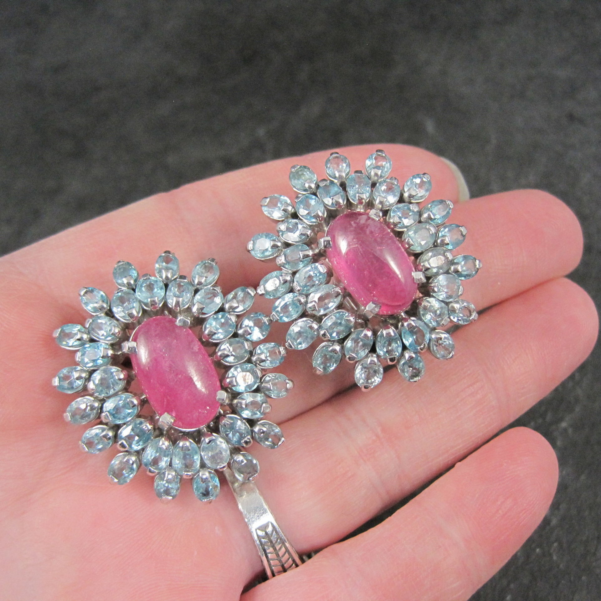 Large Pink Sapphire Blue Topaz French Back Earrings