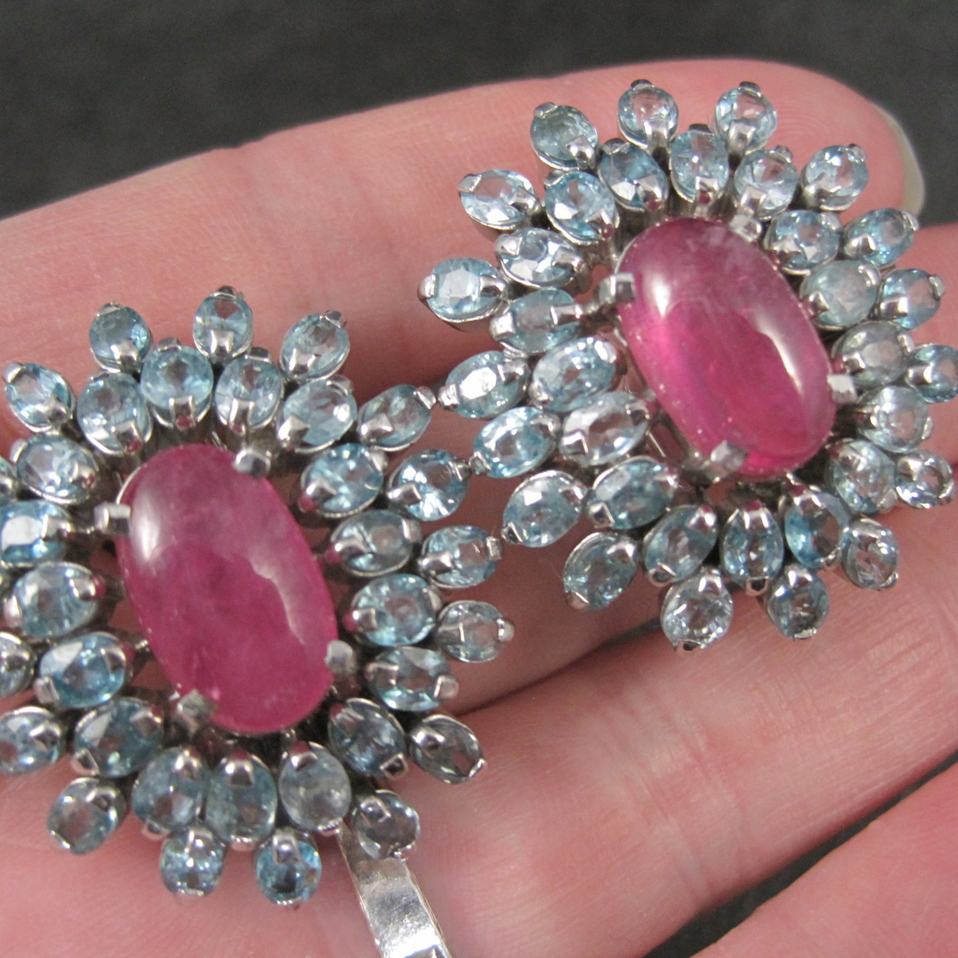 Large Pink Sapphire Blue Topaz French Back Earrings