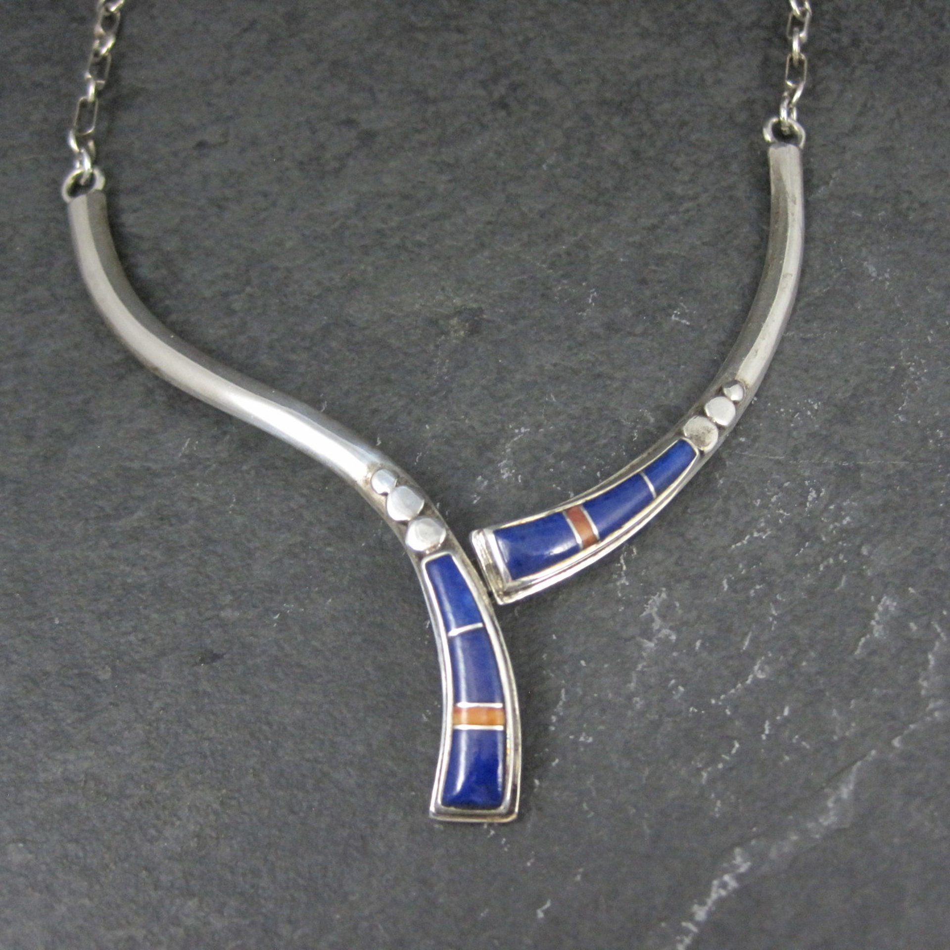 Vintage Southwestern Sterling Lapis Lazuli Spiny Oyster Inlay Necklace