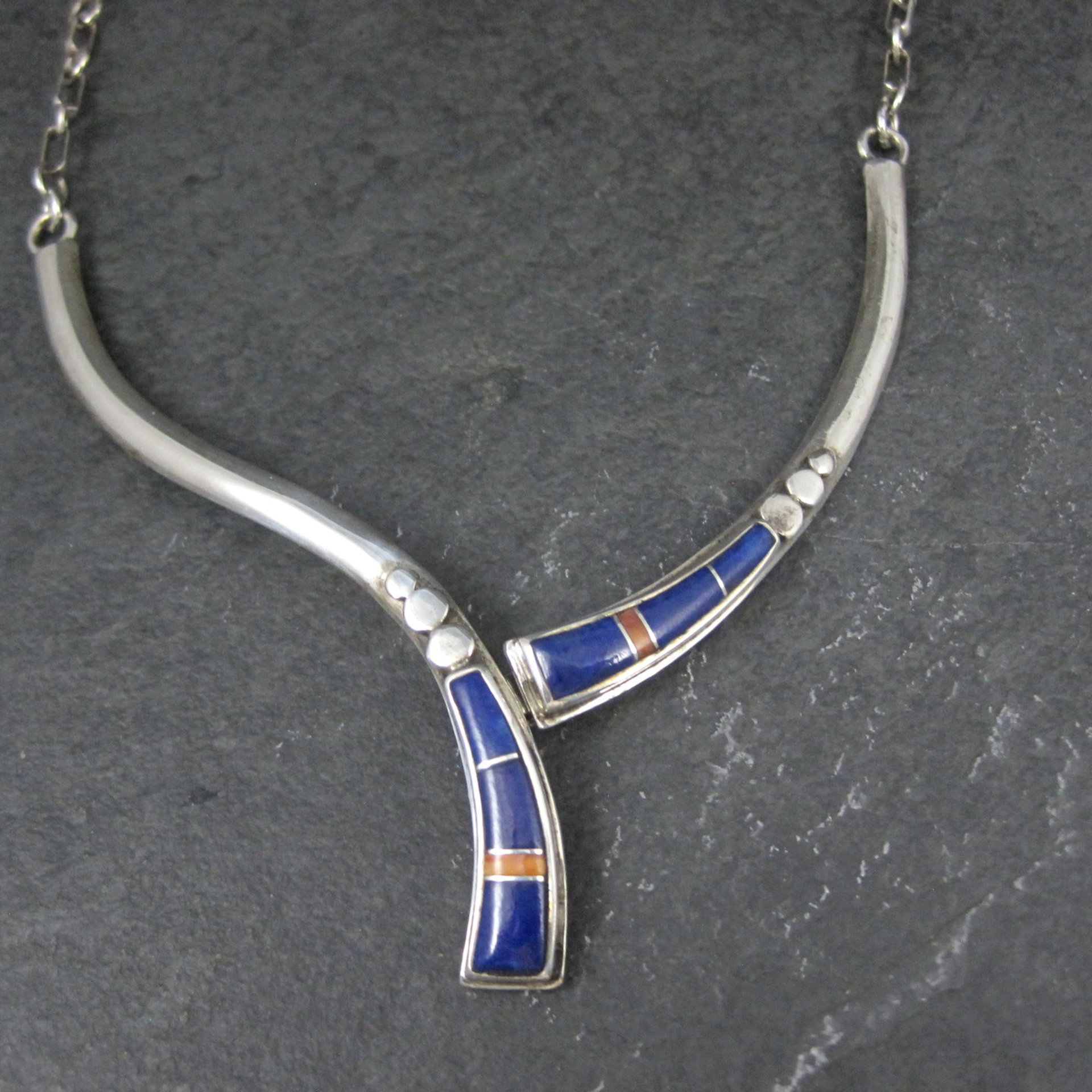 Vintage Southwestern Sterling Lapis Lazuli Spiny Oyster Inlay Necklace