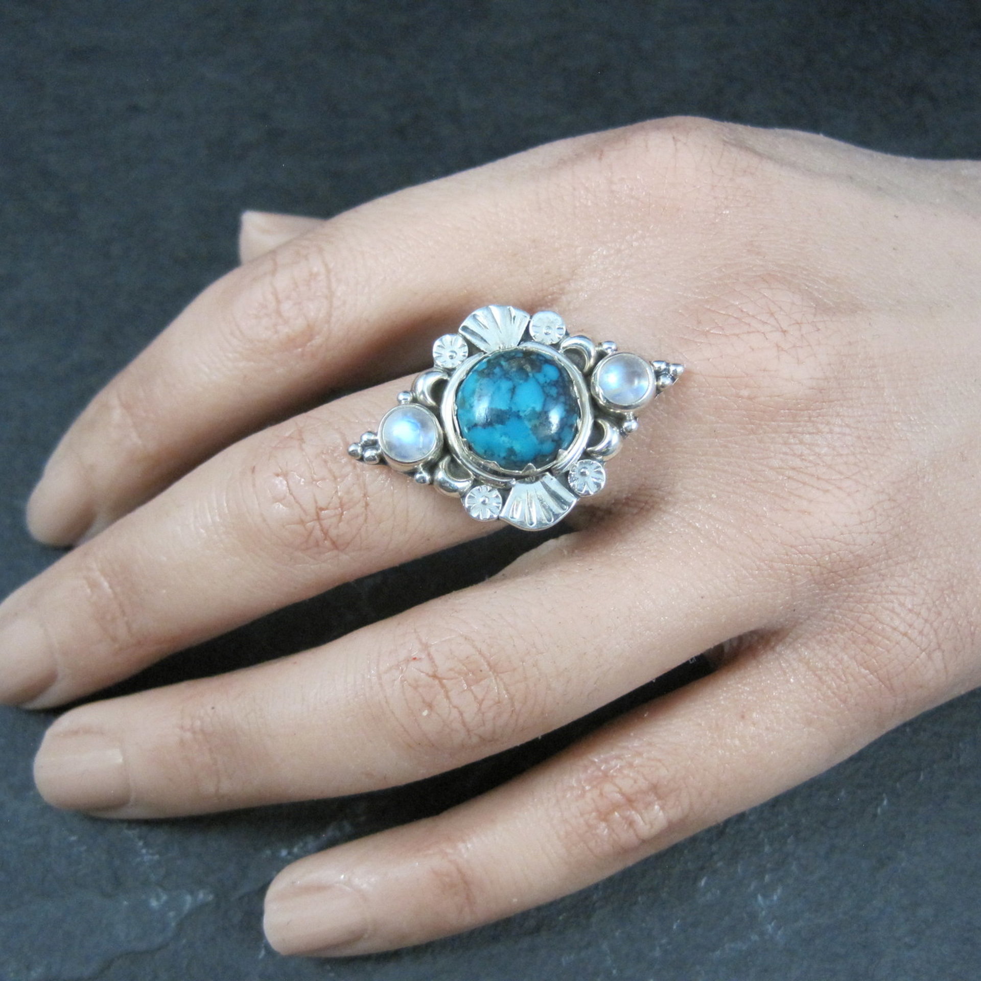 Southwestern Sterling Turquoise and Moonstone Ring Size 7