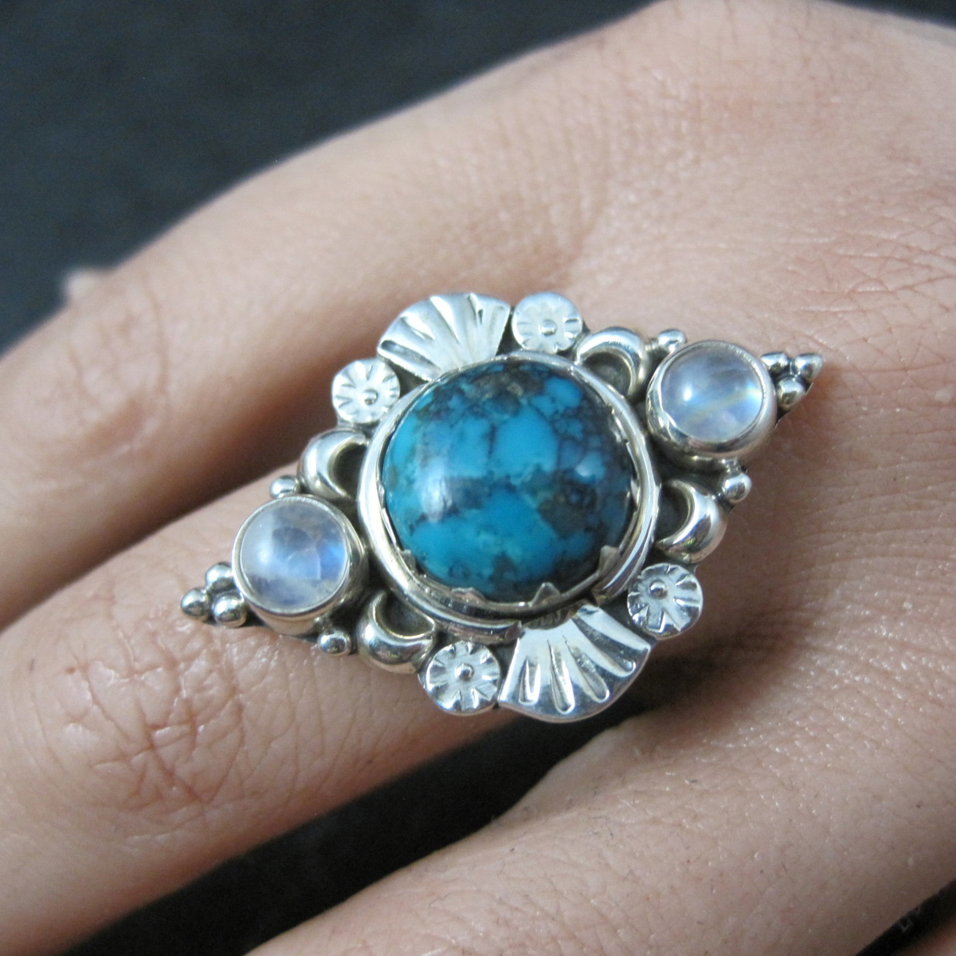 Southwestern Sterling Turquoise and Moonstone Ring Size 7