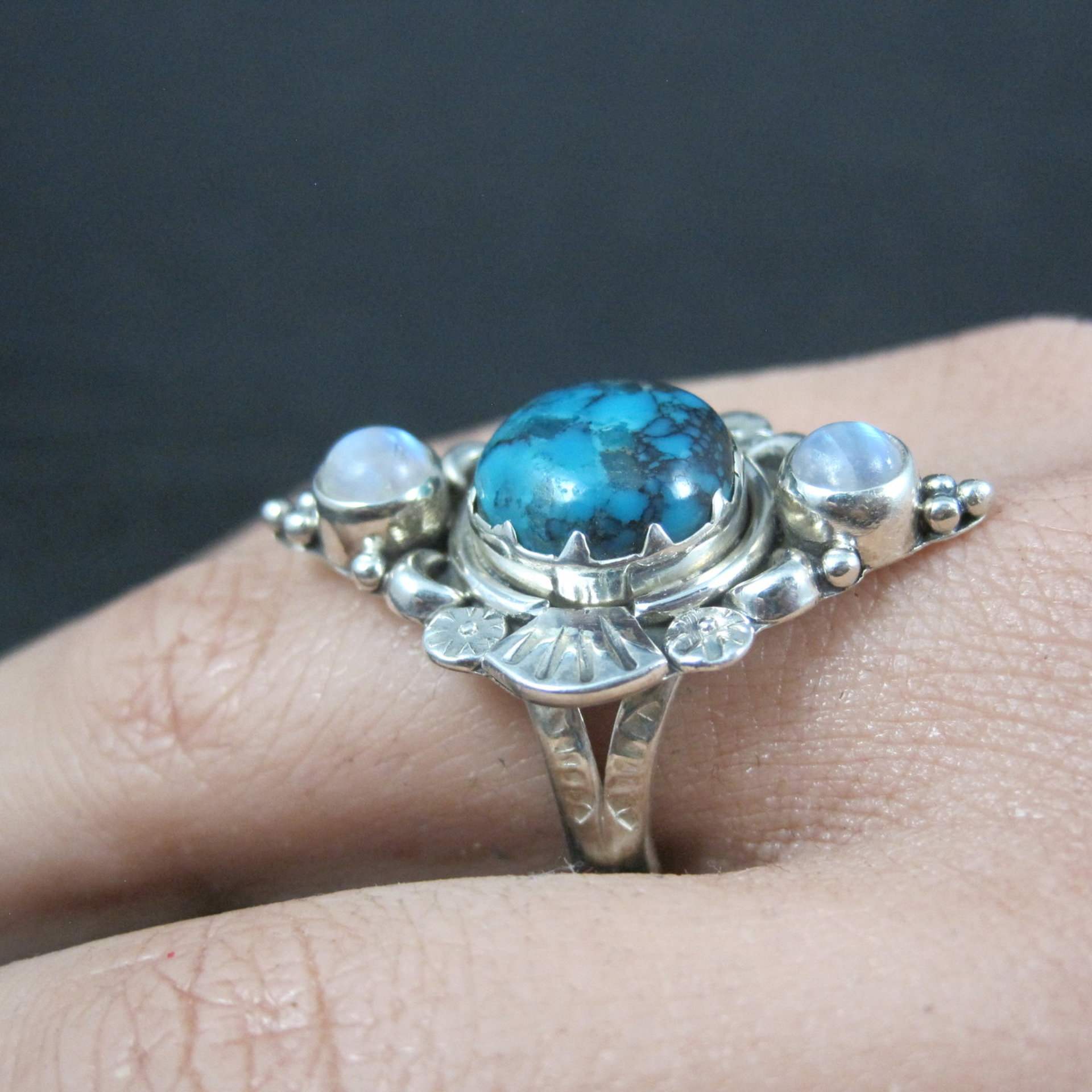 Southwestern Sterling Turquoise and Moonstone Ring Size 7