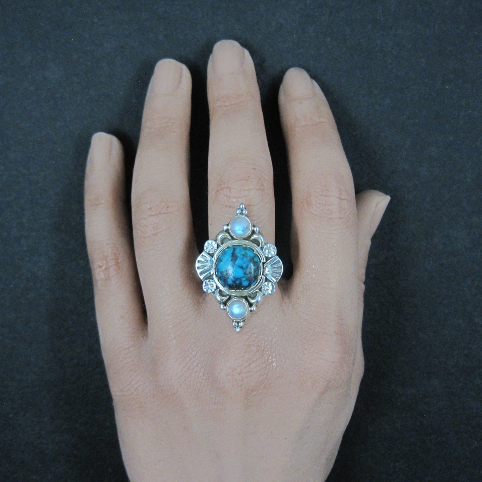 Southwestern Sterling Turquoise and Moonstone Ring Size 7